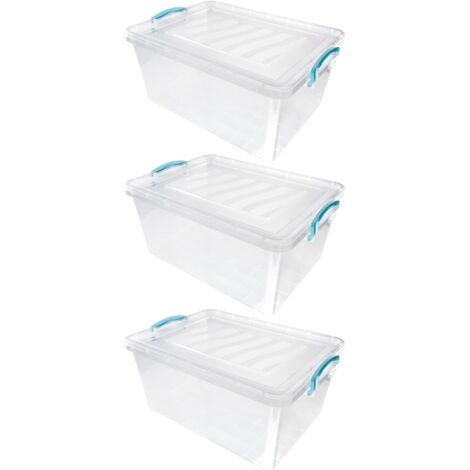 JVL Plastic Clip Lidded Storage Box, Stackable & Nestable, Clear, Set of 3, 25L (1/5)