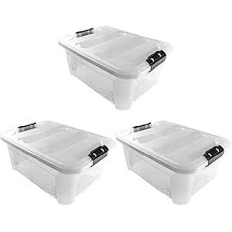 JVL Plastic Secure Clip Lidded Storage Box, Stackable & Nestable, Clear, Set of 3, 25L (1/5)
