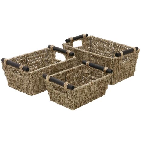 Hand Woven Seagrass Set of 3, Tapered Storage Baskets with Wooden Handles