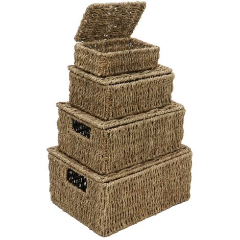 Hand Woven Seagrass Set of 4, Rectangular Lidded Storage Baskets