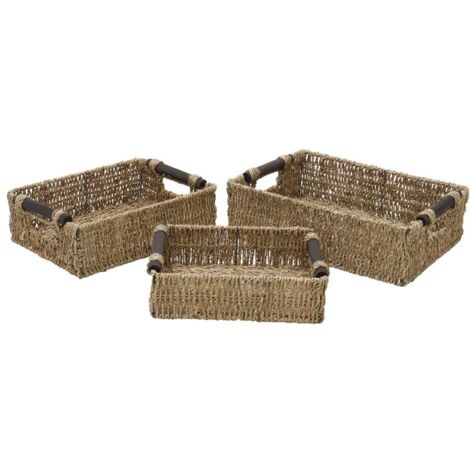 Hand Woven Seagrass Set of 3, Rectangular Storage Baskets with Wooden Handles (1/4)