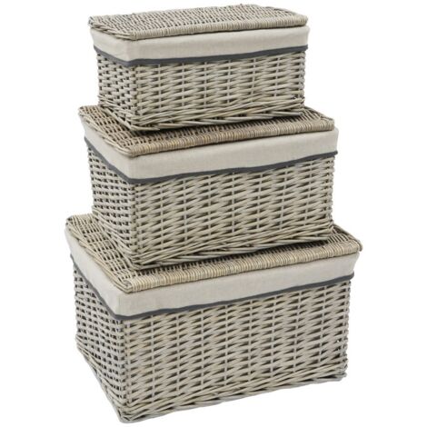 Arianna Rectangular Willow Hamper Basket, Set of 3, Grey Wash (1/4)