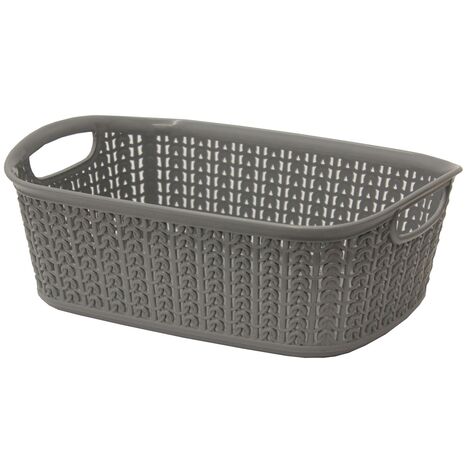 Knit Design Loop Plastic Rectangular Small Storage Basket with Handles, Grey (1/3)