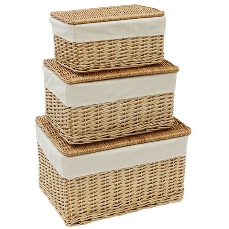 Acacia Set of 3 Rectangular Willow Hampers with Lids, Honey Finish (1/4)