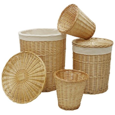 Acacia Set of 2 Round Laundry Willow Baskets with 2 Waste Paper Baskets, Honey Finish (1/4)