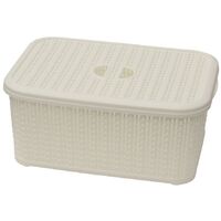 Knit Design Loop Plastic Lidded Rectangular Storage Basket with Handles, Ivory