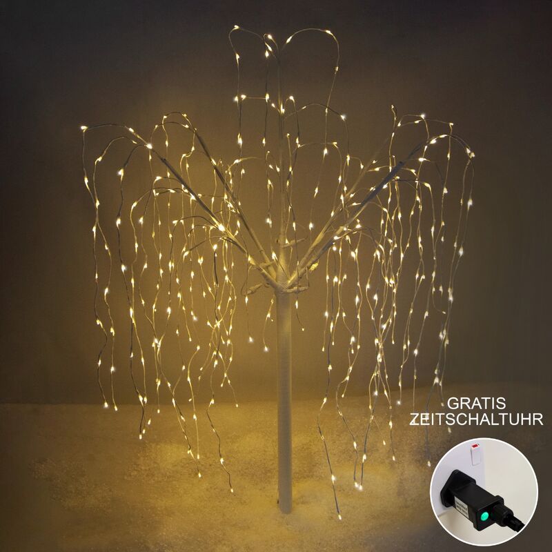 Beleuchteter Trauerweidenbaum 180cm LED-Trauerweide Weiß mit 400 warmweißen  LEDs 8m Kabel 6 / 18 Stunden Zeitschaltuhr Timer