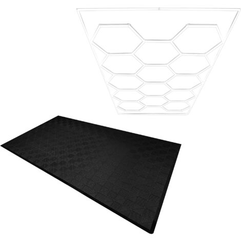 Belüftete ineinandergreifende Bodenfliesen x 120, Schwarz mit Kanten und sechseckiger LED-Beleuchtung, 14 weiße Lichter, 3 Montageoptionen und Set für abgehängte Decken. Bodenmatte für Einzelgarage (1/5)