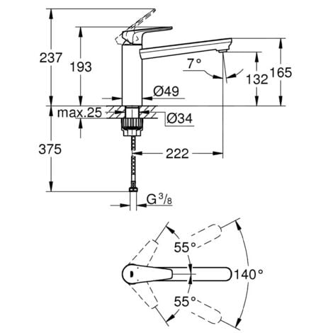 Grohe BauEdge mitigeur d'évier avec angle de rotation 140°, chrome (3169300F)