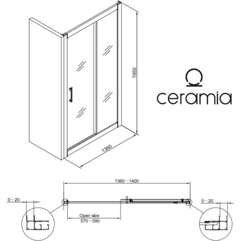 Ceramia PURA Porte de douche 140x195cm coulissante anticalcaire avec profilés Chrome brillant (CERAHP140C)