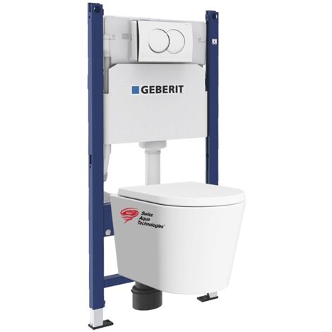 Pack Bati-support GEBERIT 112cm + Cuvette Swiss Aqua Technologies sans bride + Plaque blanche (SATrimlessGeb3)