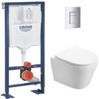 Grohe – Pack WC autoportant avec cuvette sans bride et abattant soft close – Plaque chrome – Installation rapide et fixations invisibles