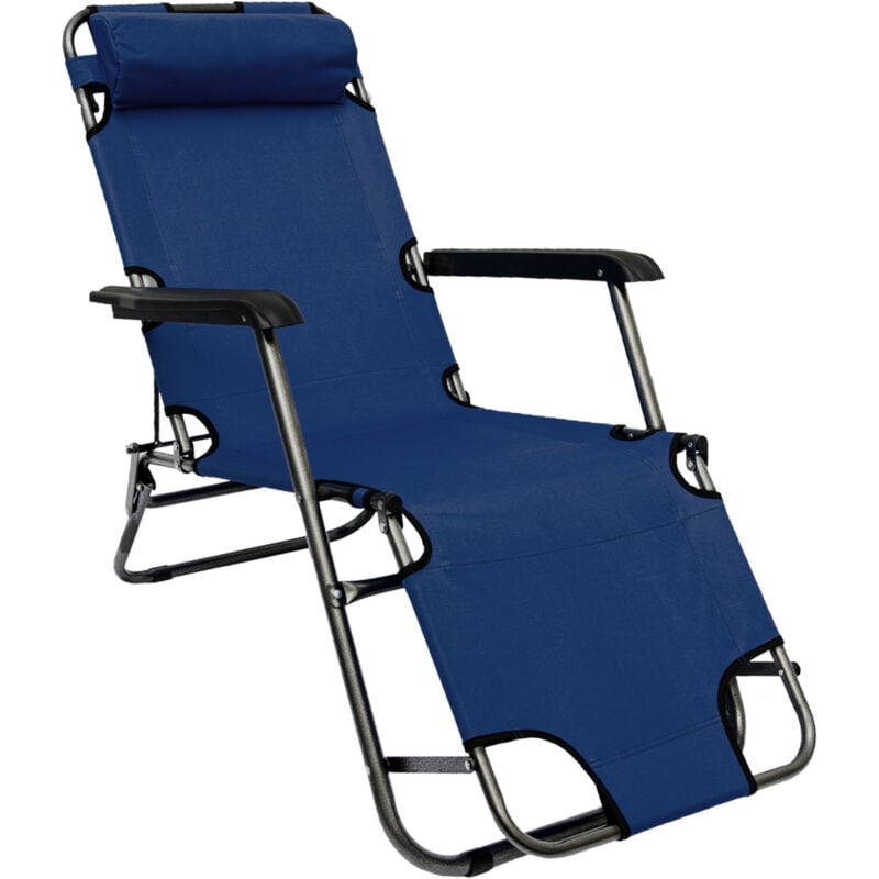 Tumbona Plegable Cómoda Silla de Playa 153 cm + Reposacabezas + Reposapiernas + Respaldo Reclinable Azul Oscuro