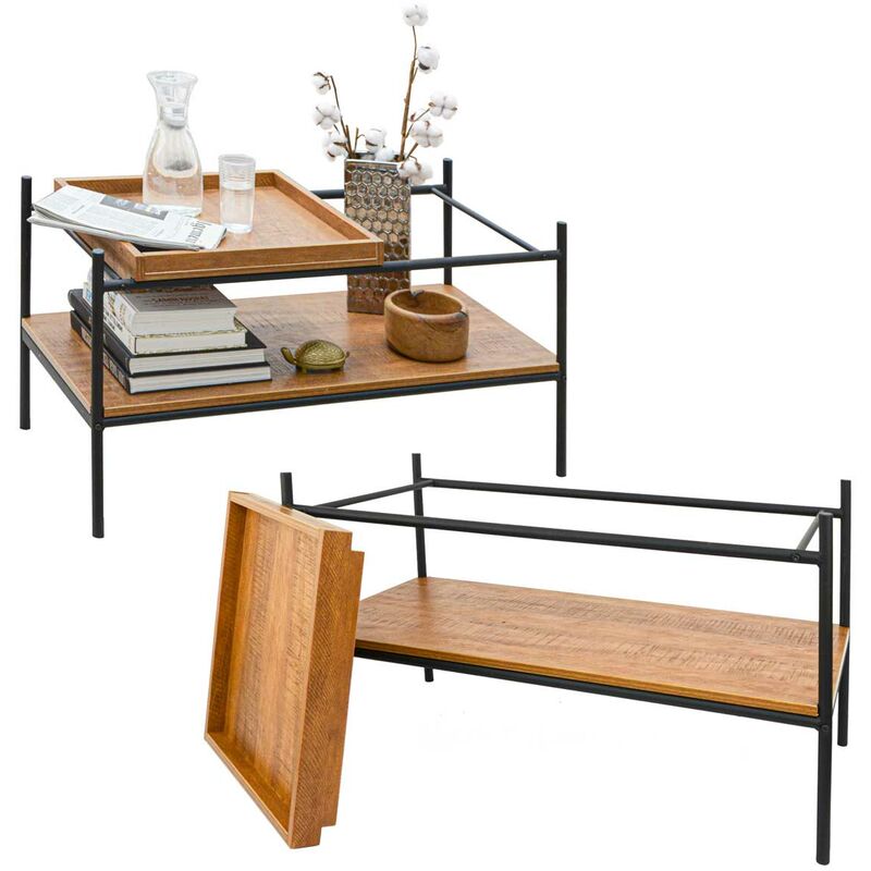 Dunedesign Mesa De centro industrial con bandeja madera 90x44x50 café vintage