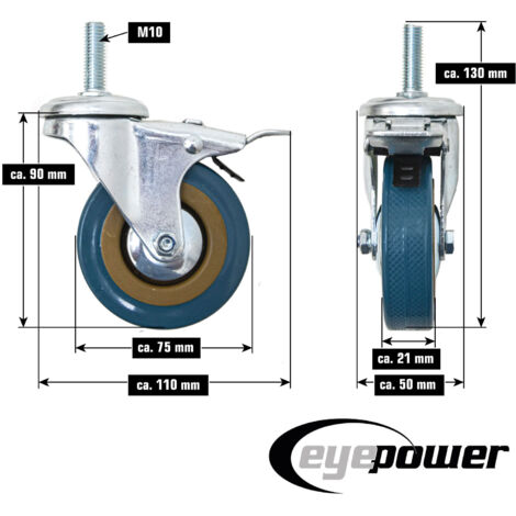 1 Pieza 360° Ruedas Giratorias con Freno 75mm - M10 Ruedas para Muebles Pesados
