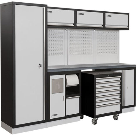Arredamento modulare per officina FERVI A008E - 2640 x 498 x 2000 h mm - piano in acciaio inox