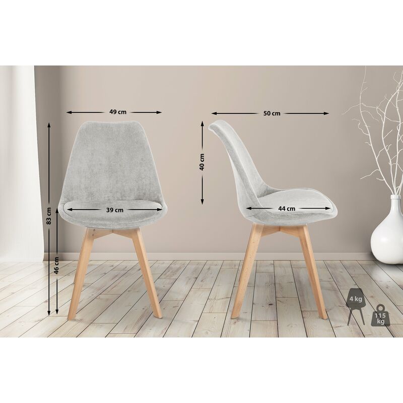 CLP Set 4 Sedie Pranzo Imbottite Linares In Plastica E Similpelle I Stoffa  I Velluto I Sedie Scandinave Design Nordico Telaio In Legno, Colore:grigio,  Materiale:Velluto : : Casa e cucina