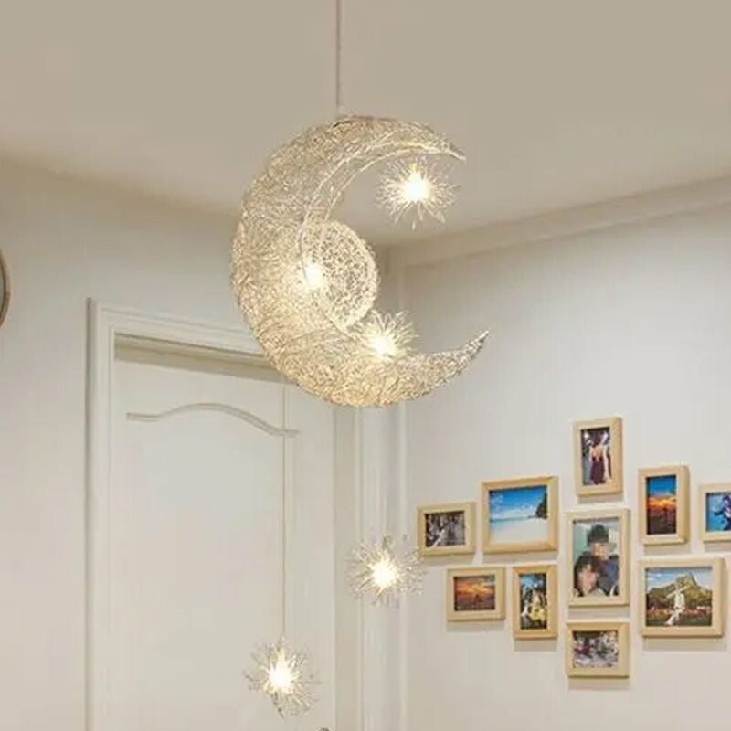 Lustre Suspension Industrielle Lune étoiles LED Plafonnier Luminaire  Aluminium avec 5 Ampoules pour Enfants Chambre (Lumière blanche chaude)