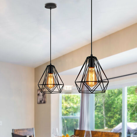 Lustre suspension cage design diamnt en métal fer 20cm, luminaire abat jours retro industriel E27 Edison , Noir