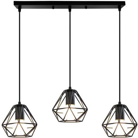 LED Suspension Plafonnier Lampe de Fée Lustre de Chambre à Coucher 3 E27  Luminaire avec Support Barre, Noir