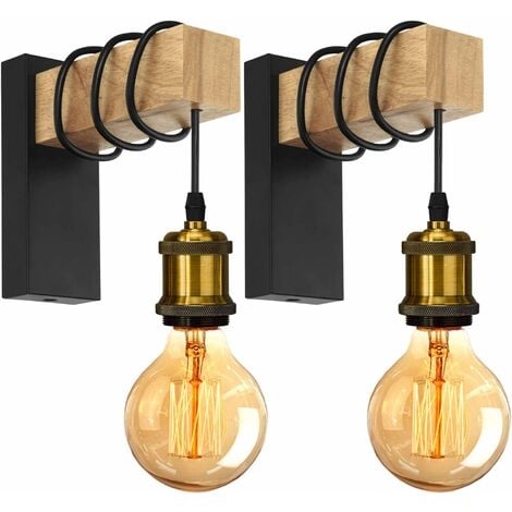 Lot de 2 Applique Murale Intérieur Vintage Industrielle Lampe Murale E27  Luminaire Abat-jour en Métal avec Support en Bois pour Salon Couloir Bar -  Douille Laiton