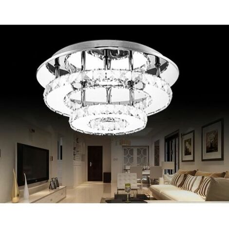 Plafonnier en Cristal Miroir Acier Inoxydable Rond Moderne LED Luminaire Lustre Eclairage 30CM 36W Blanc