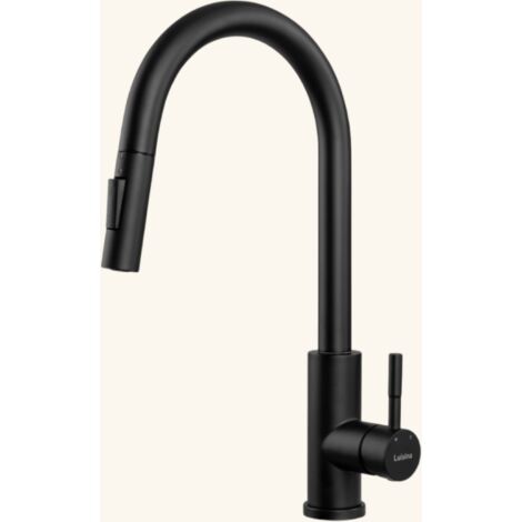 Robinet de cuisine noir mat – Douchette extractible double jet – Bec col de cygne – Hauteur sous bec 204mm – Inox massif AISI 304 – Luisina (1/4)