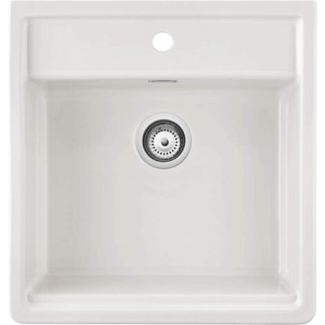 Évier timbre d'office céramique blanc 595x630 – 1 bac – Pose à poser – Trop plein inclus – Pour sous-meuble 60 cm – Sanindusa