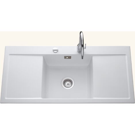 Evier céramique blanc mat Systemceram CLEYA 1 grand bac 2 égouttoirs