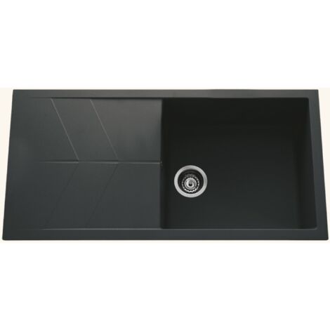 Évier granit noir 100x50 cm à encastrer – 1 bac réversible avec égouttoir – Vidage manuel inclus – Meuble sous évier 60 cm minimum – EWI (1/4)
