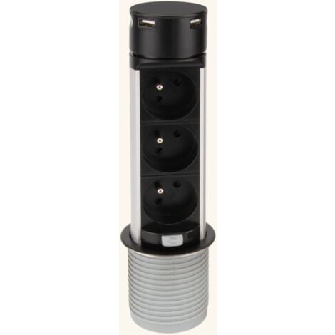 Cuisissimo – Multiprise rétractable 3 prises + 2 USB-A – Finition noire mate – Idéale pour espaces de travail modernes – Charge rapide et discrète (1/4)