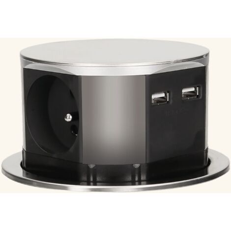 Cuisissimo – Multiprise encastrable 3 prises 230V – 1 USB-A et 1 USB-C rétractable inox – Design élégant pour espace de travail