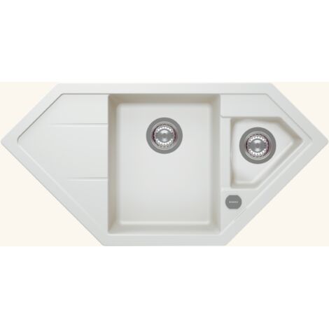 Schock – Évier d'angle en granit blanc 100x50 cm – 1 bac 1/2 avec égouttoir gauche – Vidage automatique inclus – Pour meuble sous évier 80 cm (1/5)