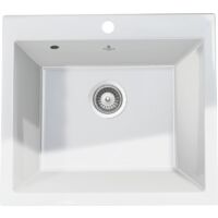 Évier céramique blanc 1 bac 600x510 mm – Encastrable sans égouttoir – Bonde et siphon inclus – Pour meuble sous évier 60 cm – Chambord