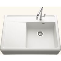 Kümbad – Évier timbre d'office granit blanc grisé 1 bac – Égouttoir gauche – Bonde et siphon inclus – Pour sous-meuble 90 cm