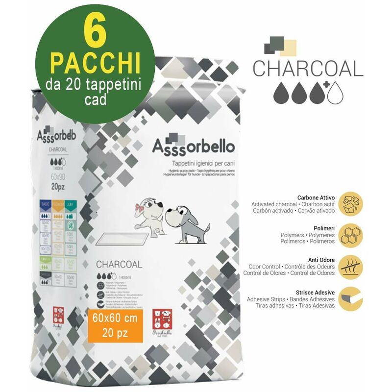 120 Tappetini igienici Asssorbello Charcoal 60x60 cm per cani - 6 pacchi da  20 pezzi cad.