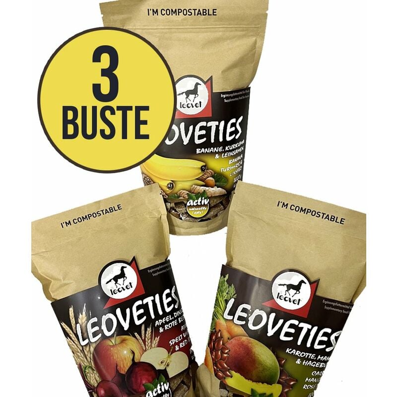 Set 3 Confezioni Biscotti Leovet per cavalli gusti mela, banana, carota 1  kg cad