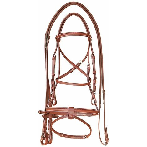 Briglia inglese in cuoio, frontalino con cuciture bianche, completa di redini in gomma: COB, Nero