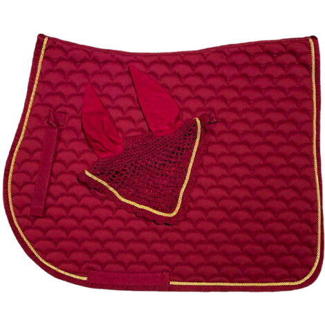 Full, Bordeaux: Set completo cuffia e sottosella inglese rettangolare trapuntato Moon con bordo passamaneria
