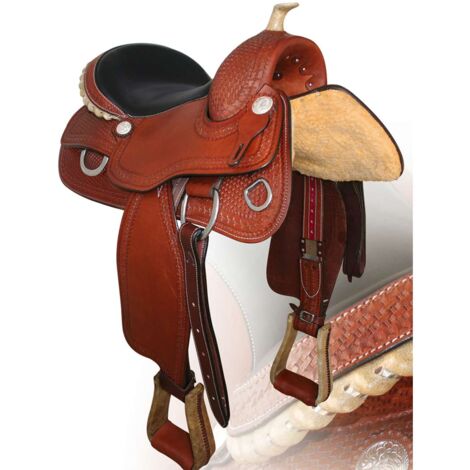 15,5", marrone: Sella western Triple S da reining in cuoio americano con rifiniture in rawhide