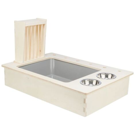Mangiatoia con ciotole acciaio e vaschetta igienica in legno, 70x41x47cm (1/5)