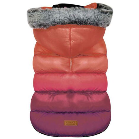 45 cm: Giubbotto imbottito impermeabile modello Sunset Rosso con cappuccio con pelo per cani