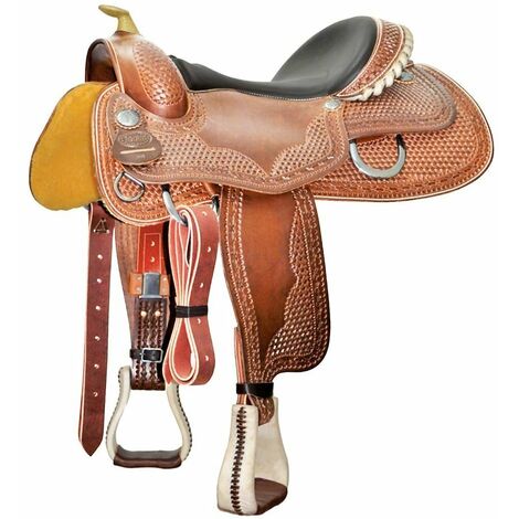 17'' = 43 cm, Marron clair Cognac: Selle de reining modèle papillon de Pool en cuir graissé, avec harnais en cuir brut et siège en cuir vannerie 2040