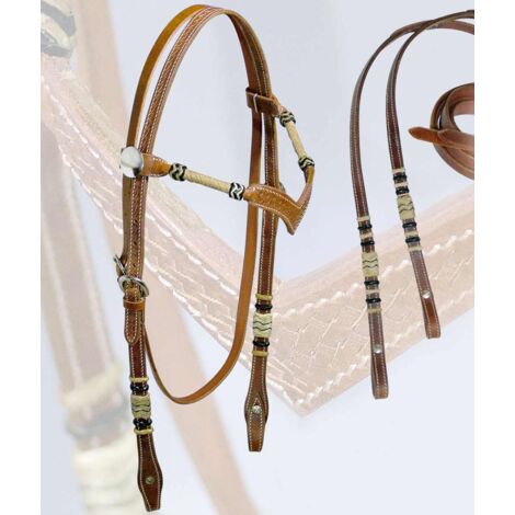 Rosso - Briglia western in cuoio con frontalino a V decorazione a basket e riporti in rawhide completa di redini