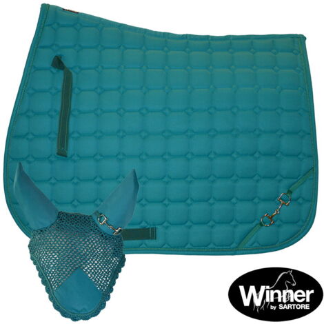 Full, Azzurro: Set cuffia e sottosella inglese rettangolare Winner Bit con decoro morsetti e cordone passamaneria