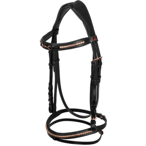 Cob, Nero: Testiera inglese in cuoio modello Snaffle Rose Gold con filetto decorato in oro rosa