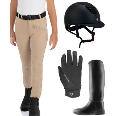 Set abbigliamento equitazione JUNIOR composto da pantalone, casco, guanti e stivali COLORI A SCELTA