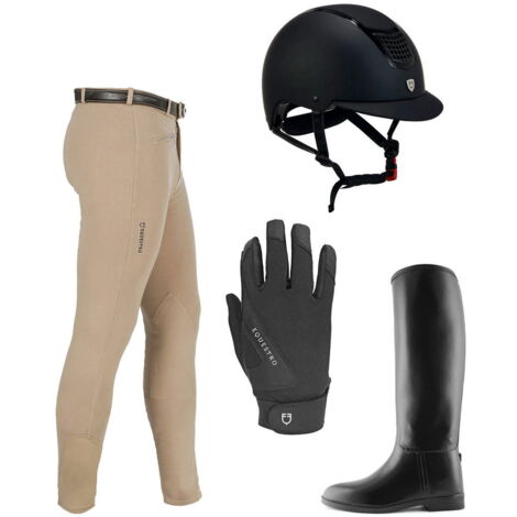 Set abbigliamento equitazione UOMO composto da pantalone, casco, guanti e stivali COLORI A SCELTA