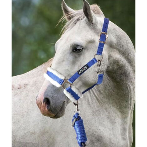 HKM Cavezza Per Cavallo In Nylon Con Imbottitura In Pile Polare - Colore Blu/Marrone, Regolabile E Con Moschettone - 6
