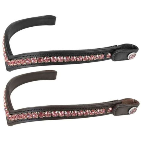 Full, Marrone: Frontalino per cavalli modello Shaped Silver Rose con strass rosa e bottone